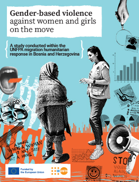 text Gender-based violence against women and girls on the move and photos