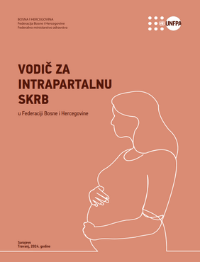 Naslovnica Vodiča za intrapartalnu skrb u FBiH. Prikazana je silueta trudnice sa rukama na stomaku. Izdanje: Travanj, 2024.