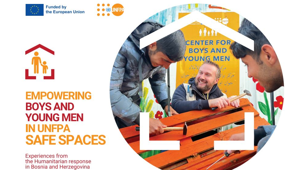 Text: EMPOWERING BOYS AND YOUNG MEN IN UNFPA SAFE SPACES: