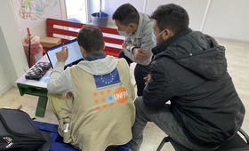 Young male refugees and migrants participate in an IT session at a UNFPA-supported Boys and Young Men Centre in Bosnia and Herzegovina. Photo: UNFPA Bosnia and Herzegovina
