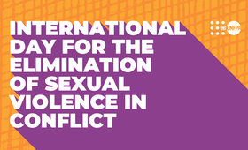 Card with the text "International Day for the Elimination of Sexual Violence in Conflict," with the UNFPA logo in the corner.