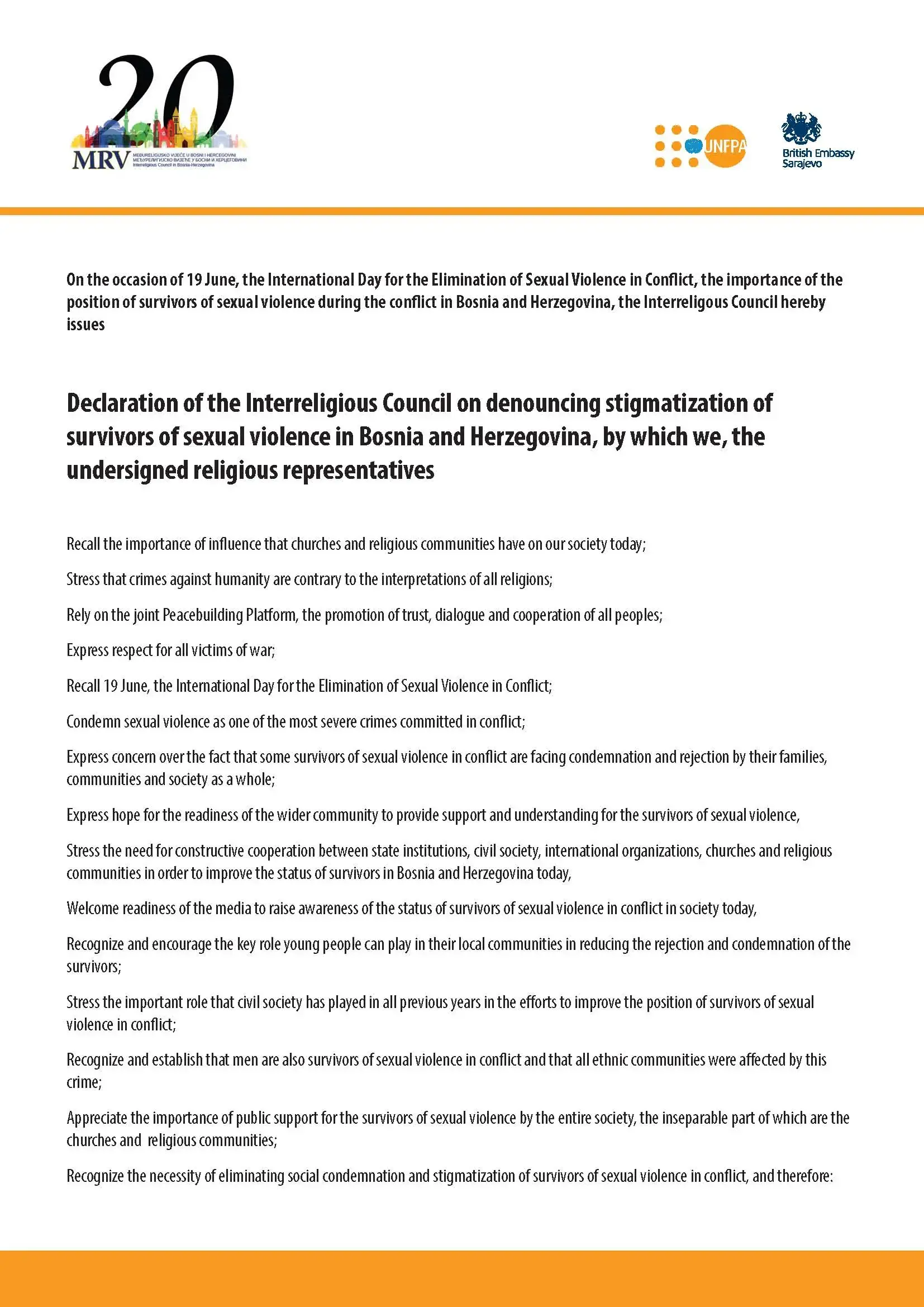 UNFPA and British Embassy welcome adoption of the Declaration on Denouncing Stigmatization of Survivors of Conflict-related Sexual Violence by Inter-Religious Council in Bosnia and Herzegovina